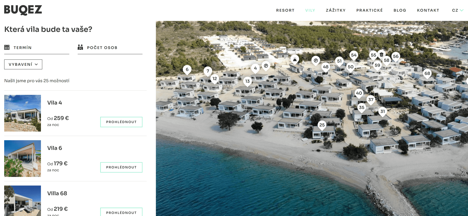 buqez.eu vily 1 | Vilu si vyberete z výšky. Rezervaci vyřídí web.